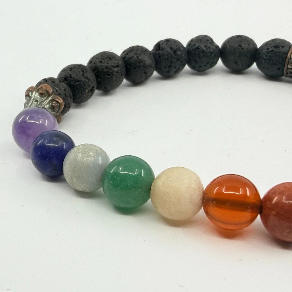 Vintage Bohemian 7 Chakra Lava Rock Stretch Beaded Healing Bracelet 90s